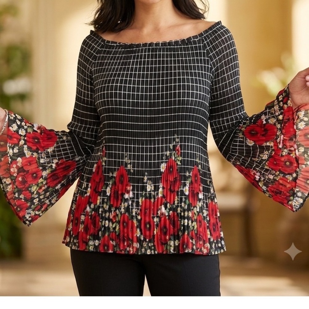AGB Womens Large Black White Grid Red Poppy Floral Pleated Bell Sleeve Blouse